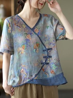 BuyKud Floral and Bird Kimono Linen Top